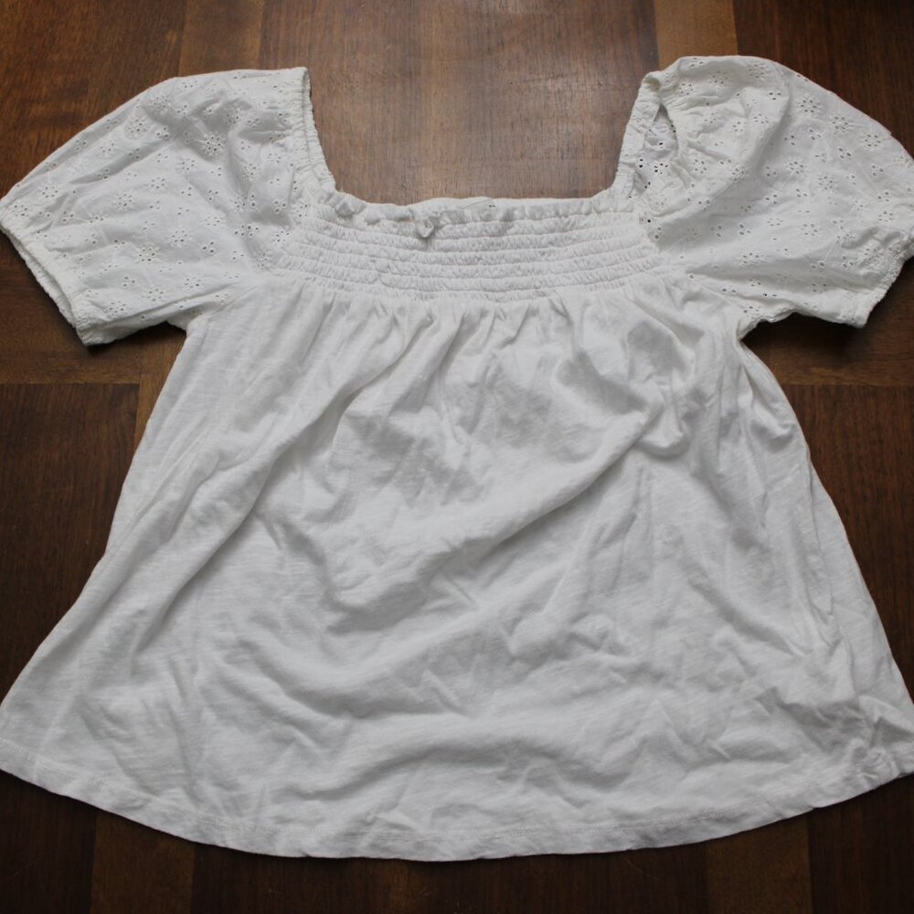 Lucky Brand Smocked Off Shoulder Eyelet Balloon Sleeves Size Small NWOT w/ flaw